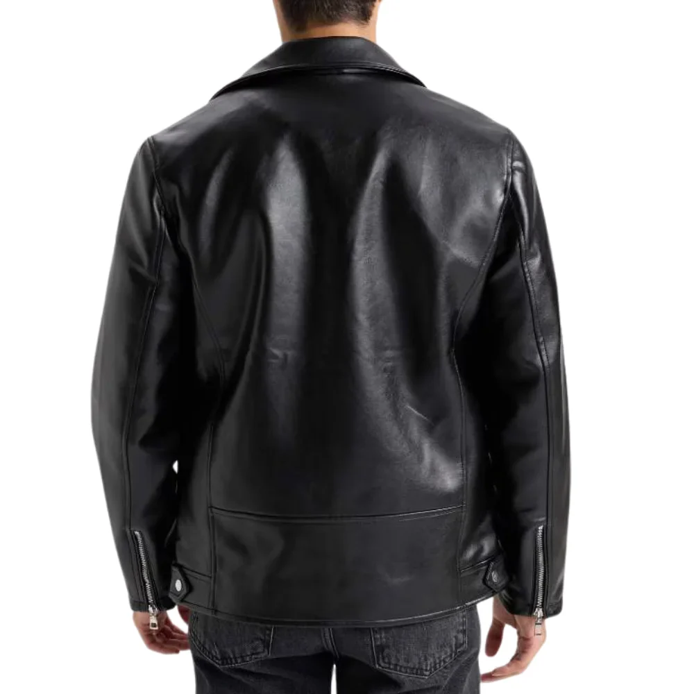 share american polo collar black men biker leather jacket
