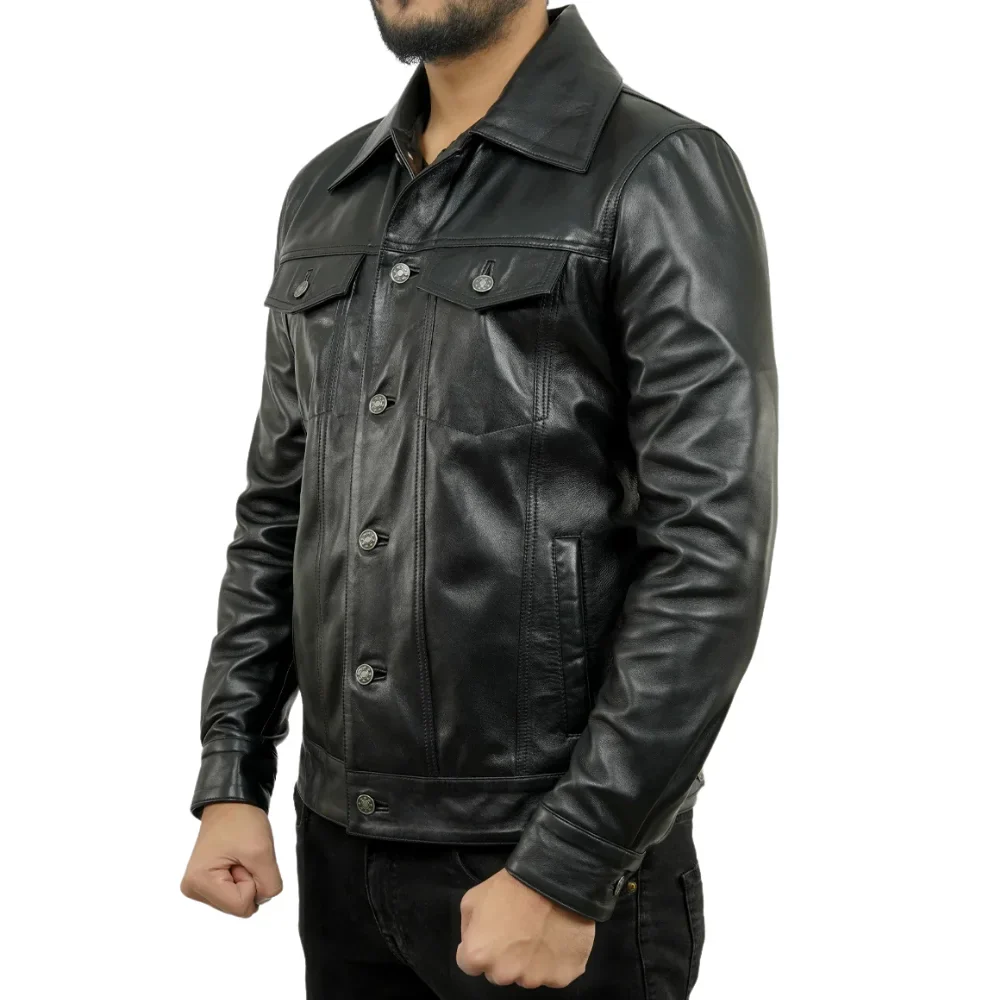 holland black real leather trucker jacket mens