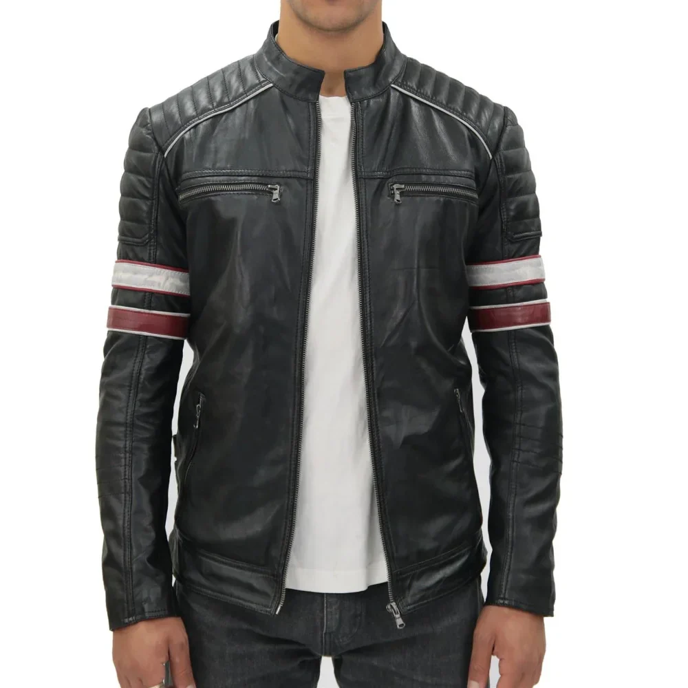 madrid mens black and red quilted leather racing jacket
