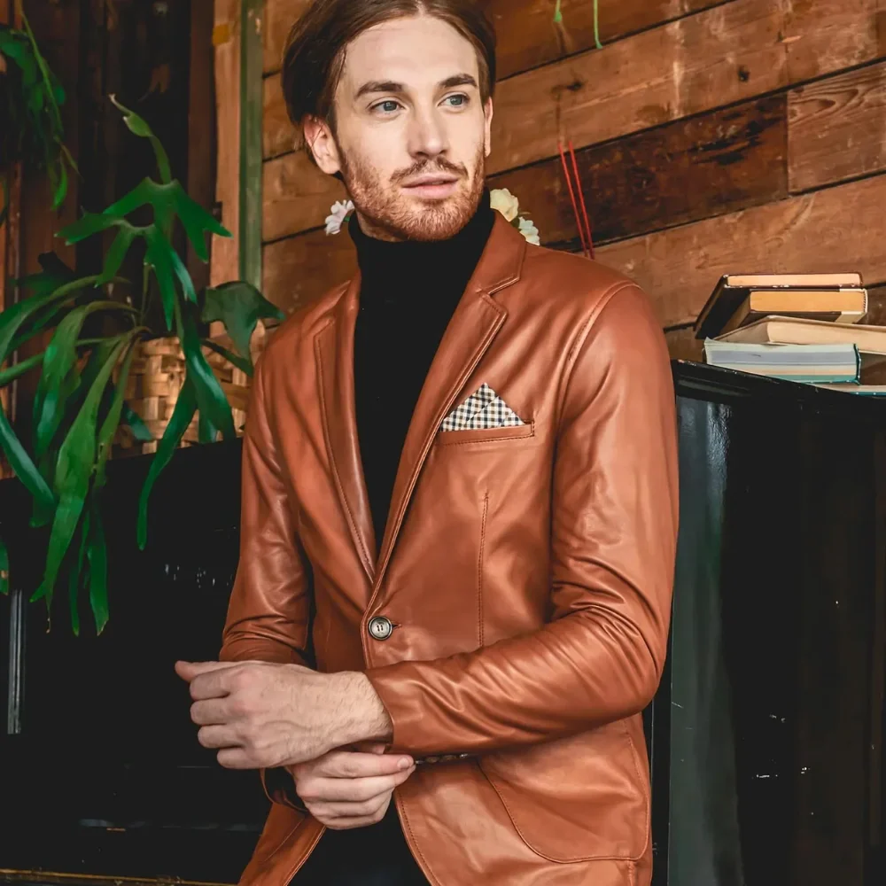 mens brown two button tan natural leather blazer jacket