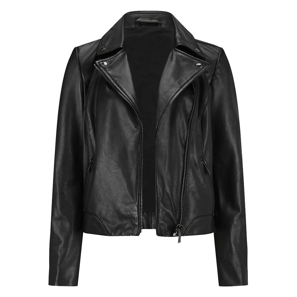 ladies black leather moto jacket
