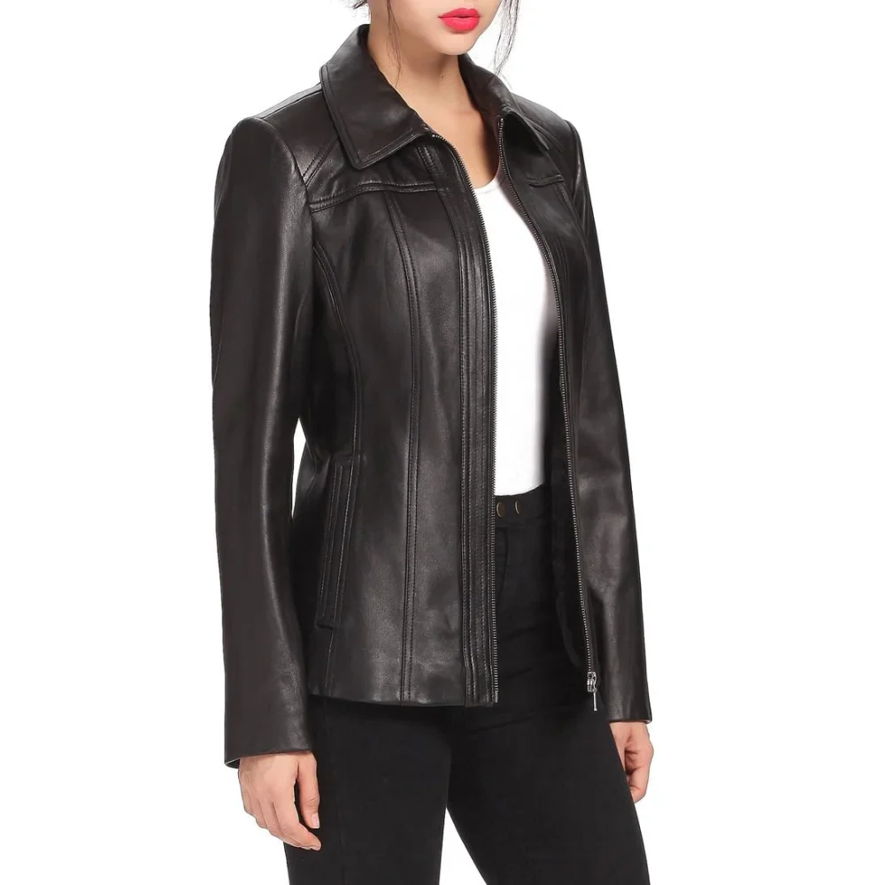 womens three quarter black long leather coat