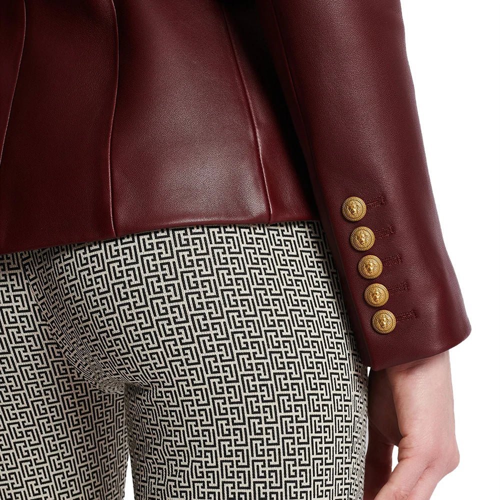 kim double breasted red leather blazer womens