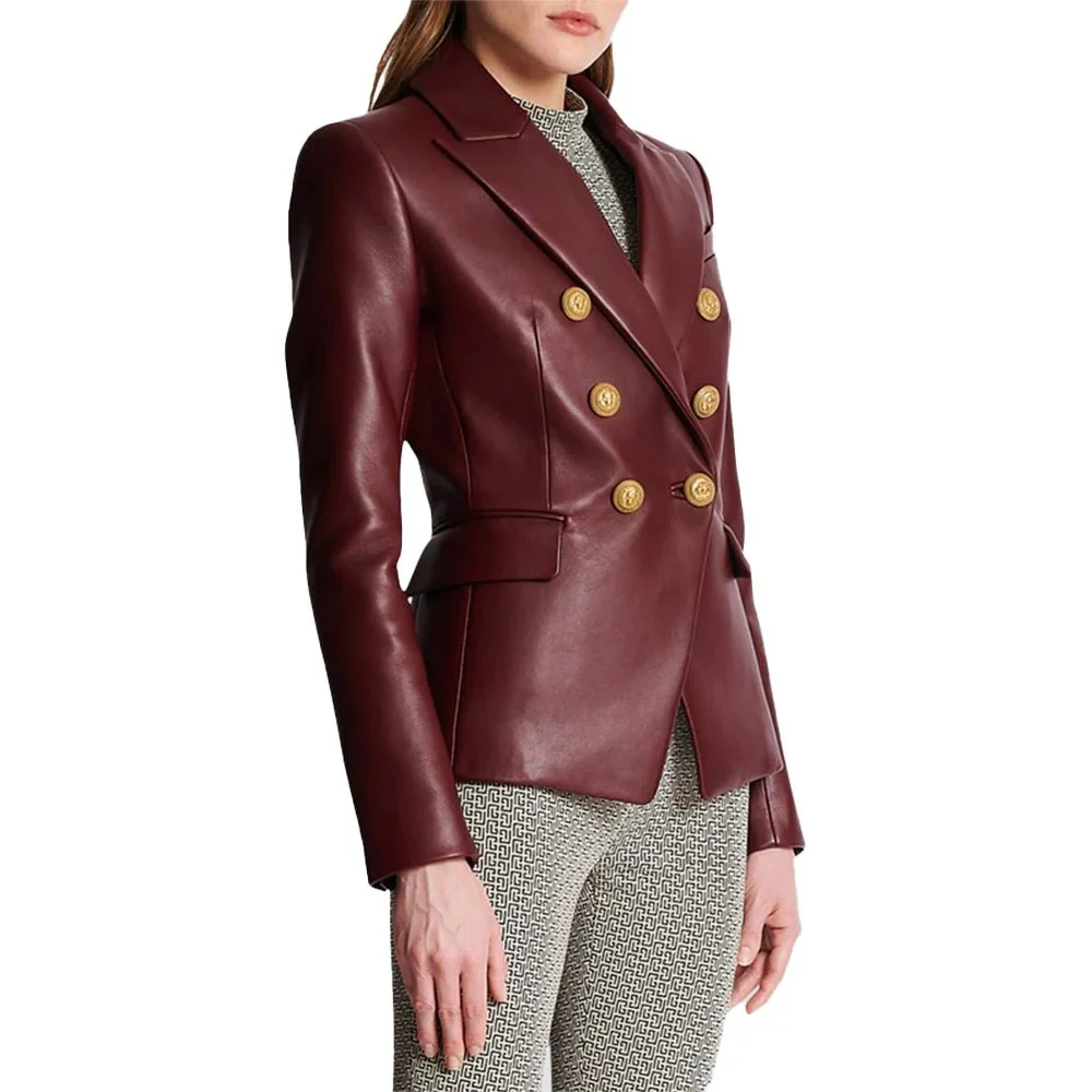 kim double breasted red leather blazer womens