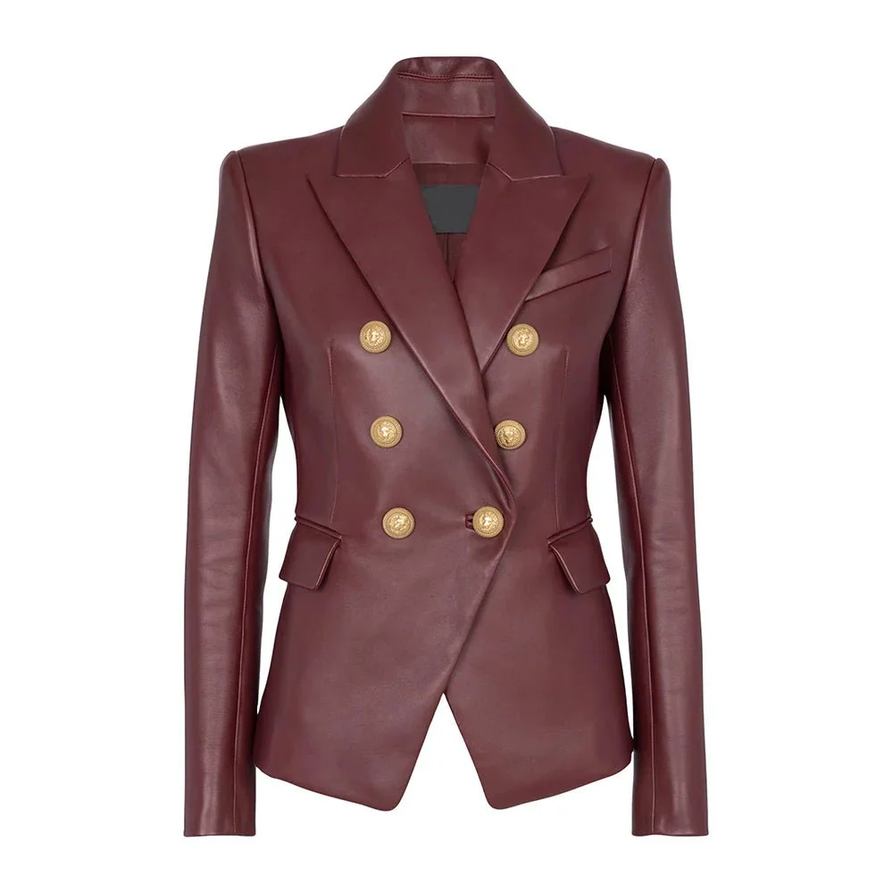 kim double breasted red leather blazer womens
