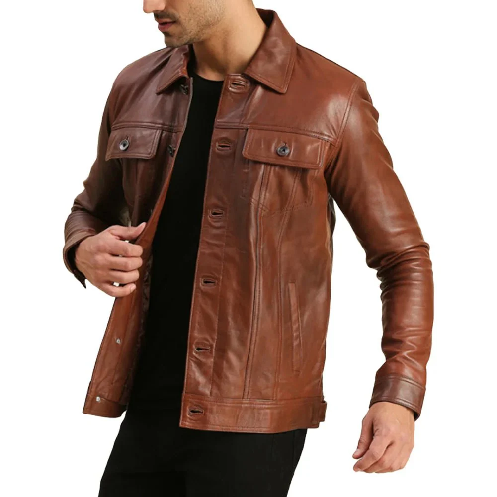 mens trucker real leather brown moto jacket