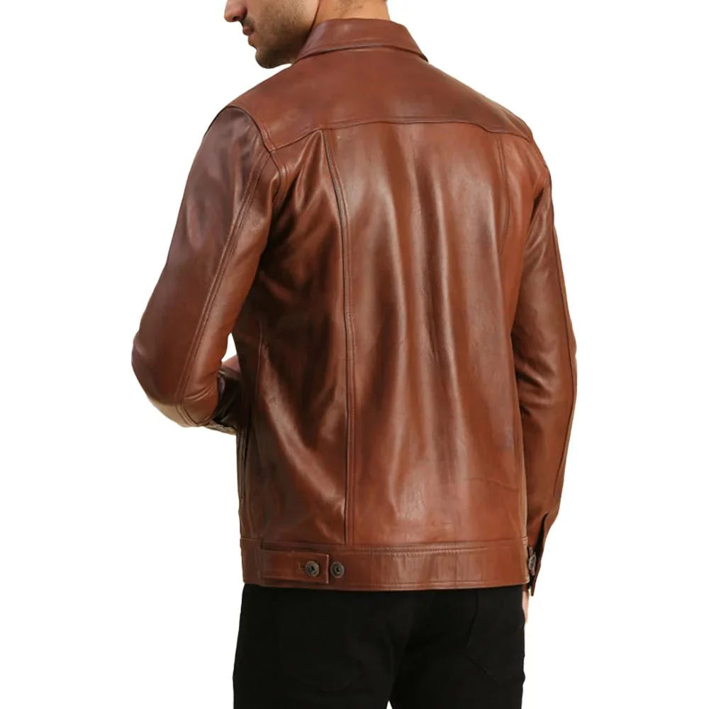 mens trucker real leather brown moto jacket