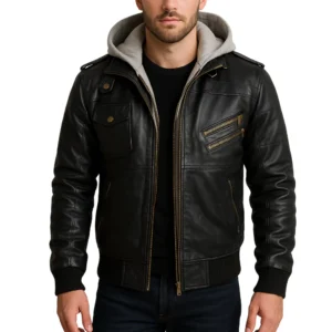 mens black leather bomber jacket with removable hood
