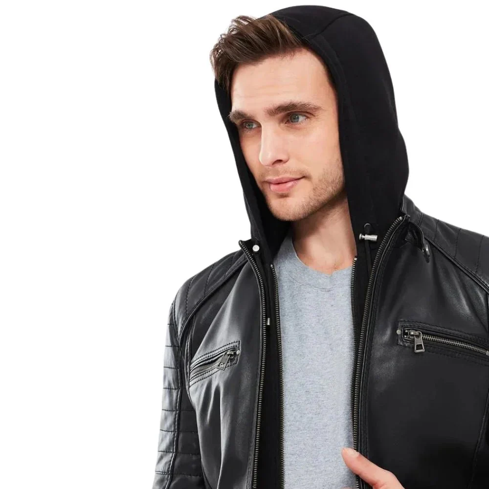mens black leather moto jacket with removable hood