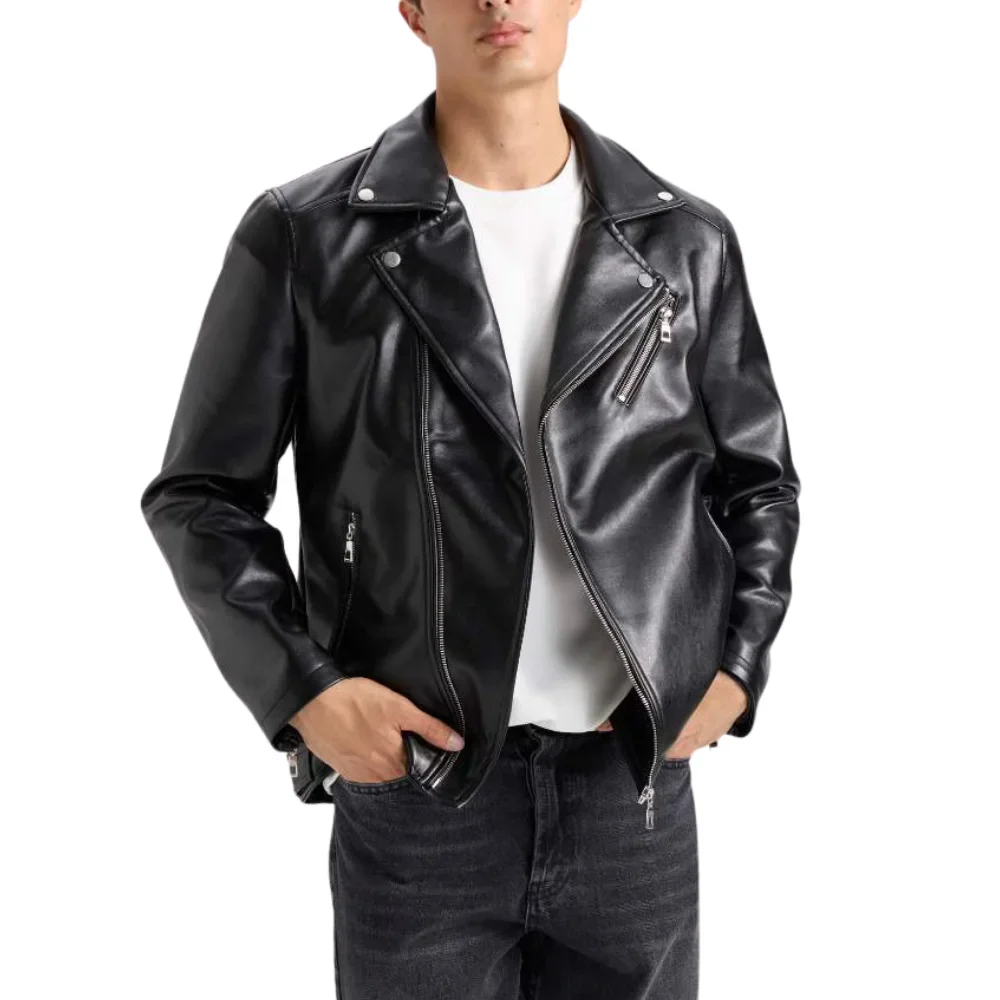 share american polo collar black men biker leather jacket
