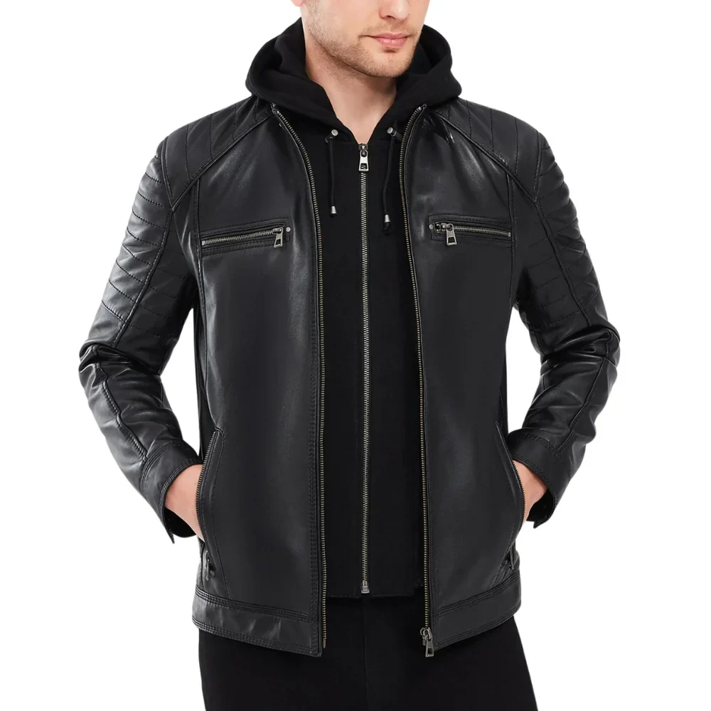 mens black leather moto jacket with removable hood