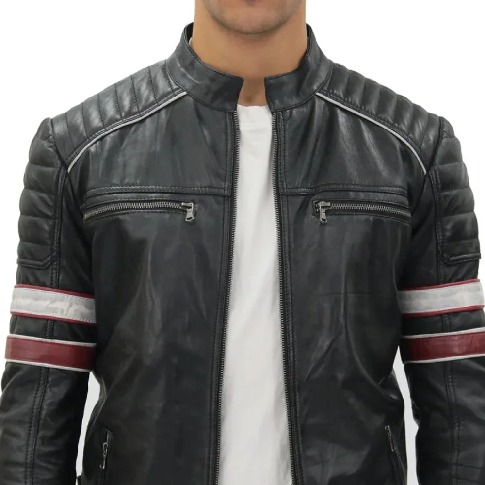 madrid mens black and red quilted leather racing jacket