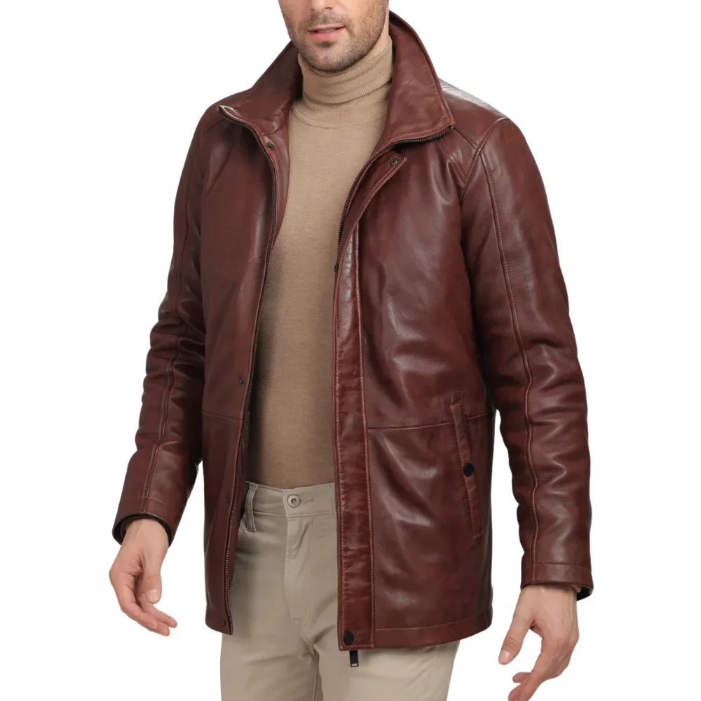 men's real lambskin leather brown car coat
