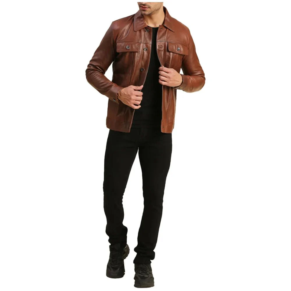 mens trucker real leather brown moto jacket