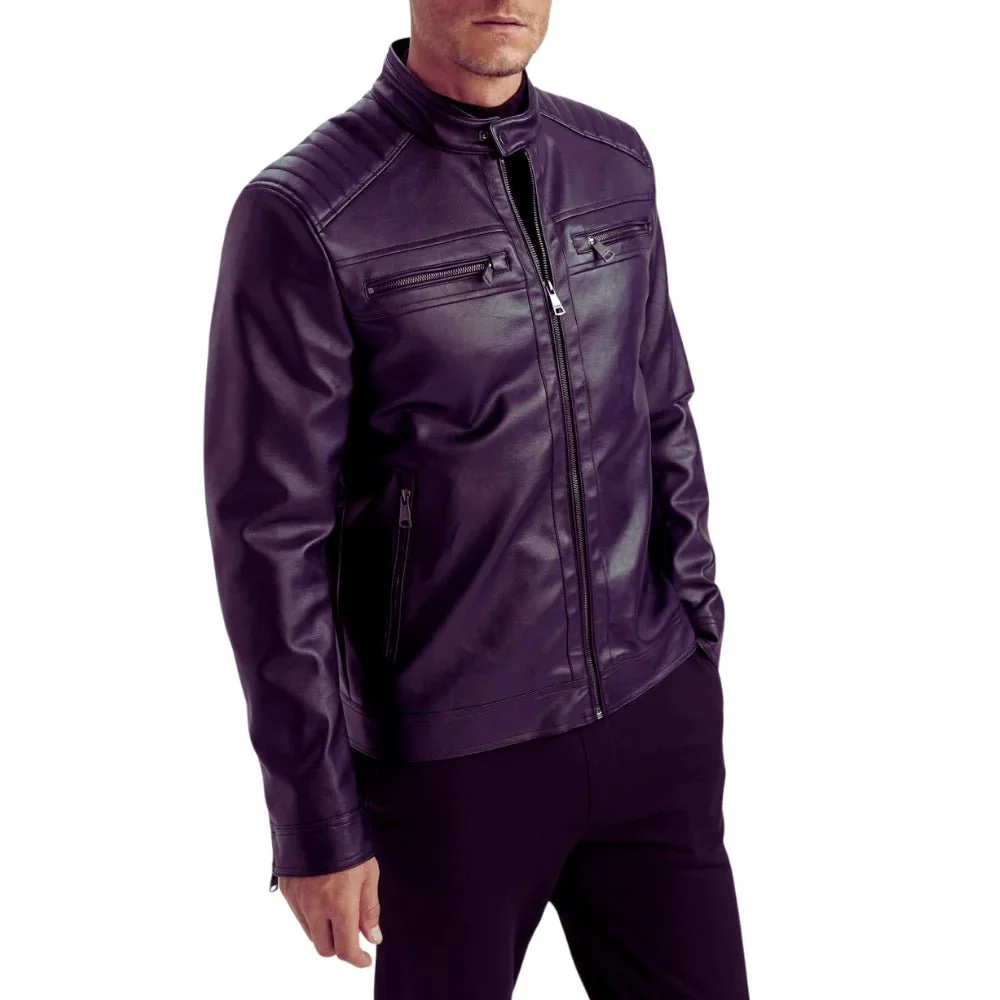 men's purple quilted biker leather jacket