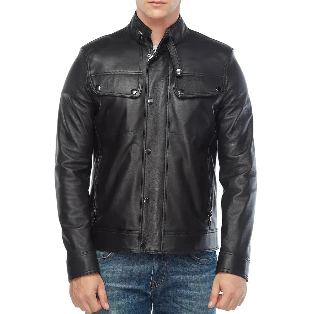 real lambskin regular fit black leather jackets for men