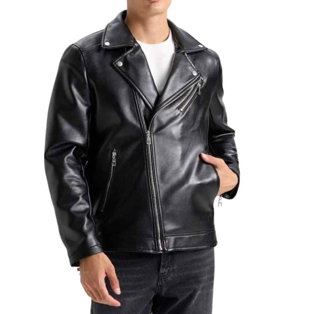 share american polo collar black men biker leather jacket