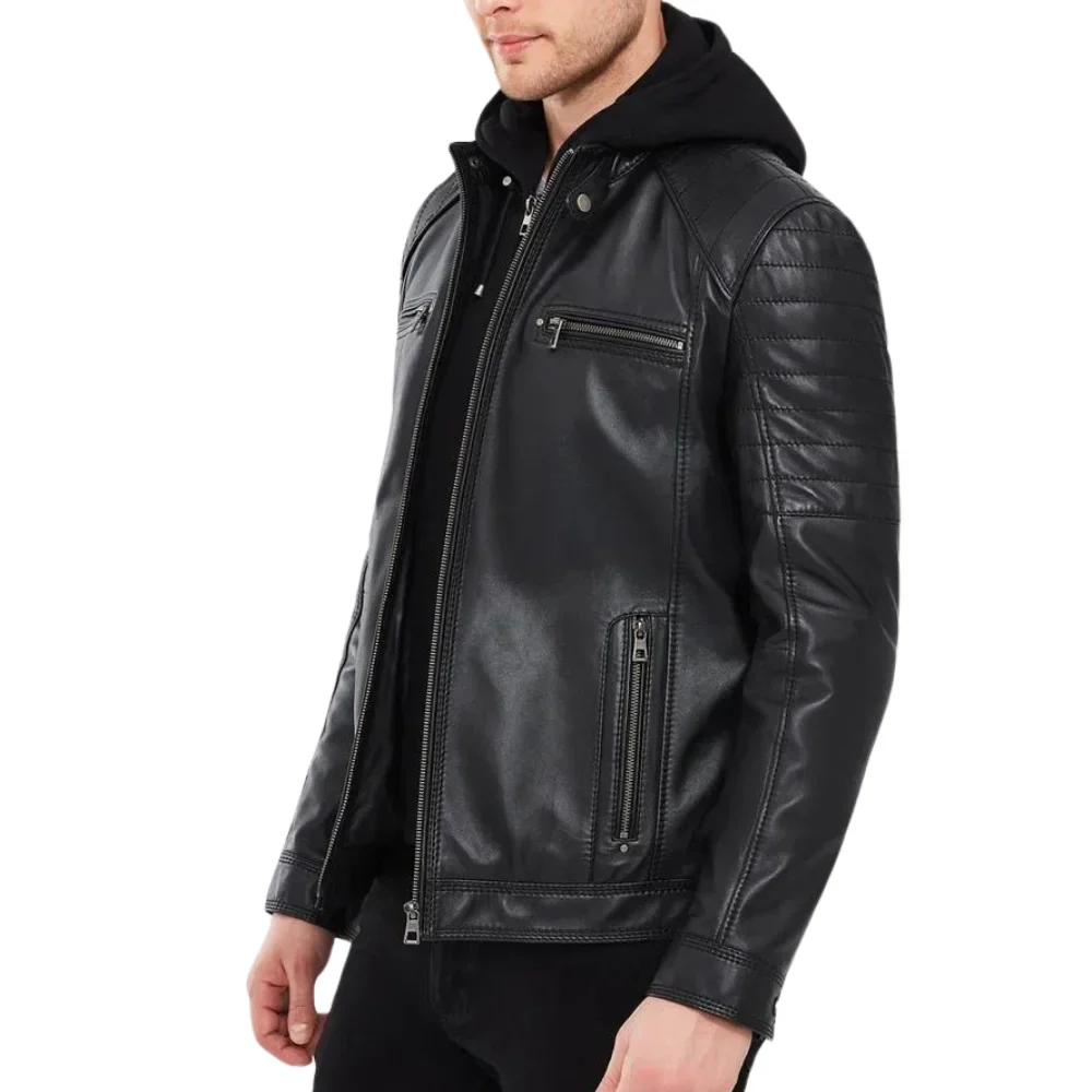 mens black leather moto jacket with removable hood