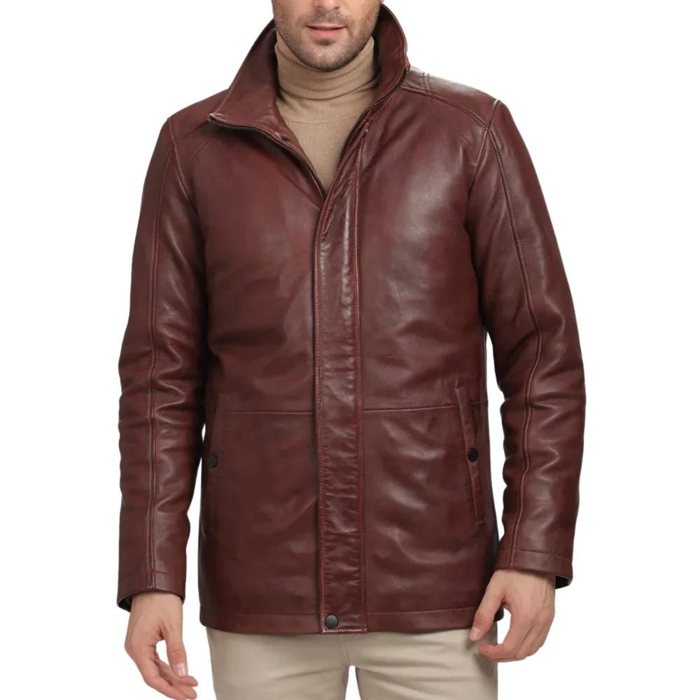 men's real lambskin leather brown car coat