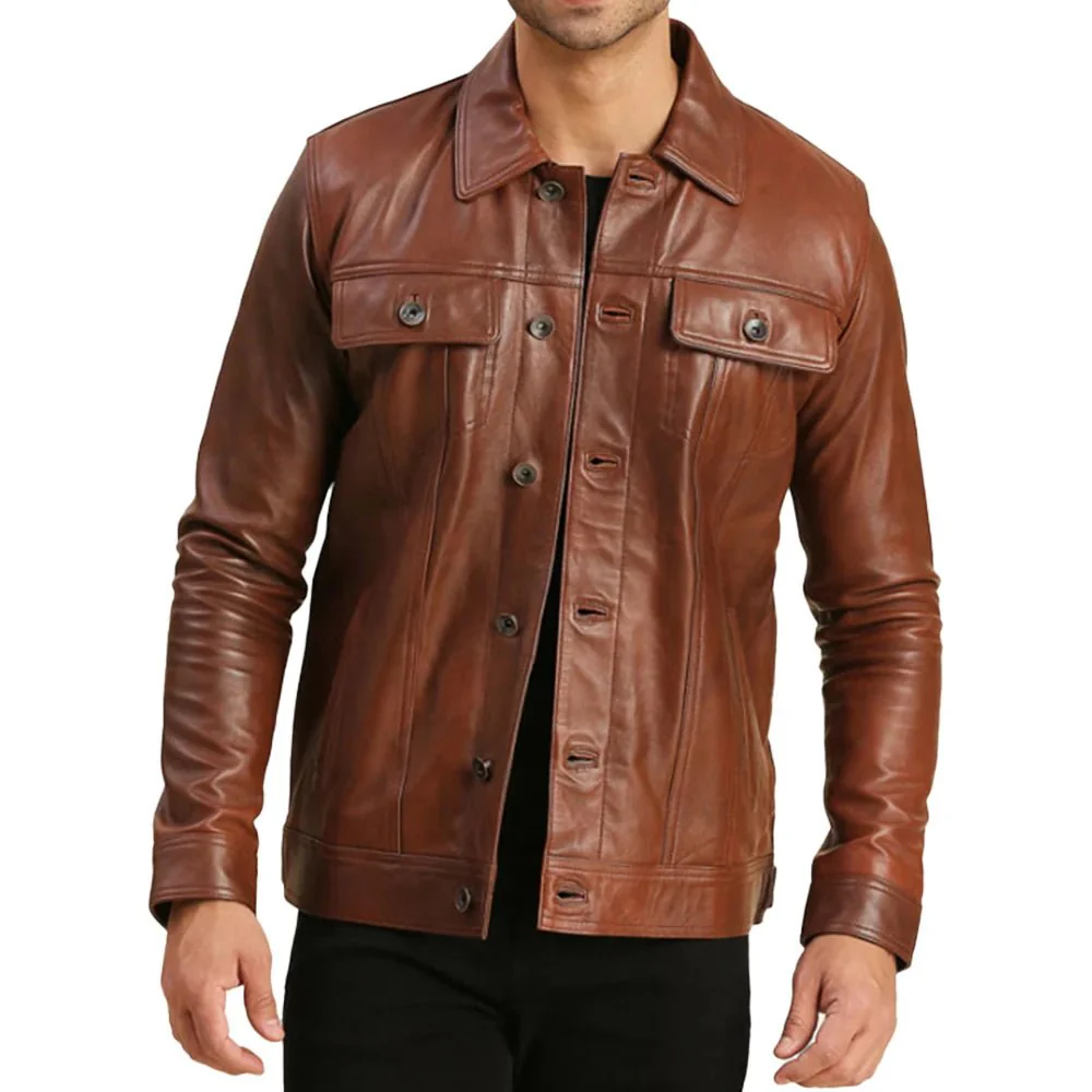 mens trucker real leather brown moto jacket