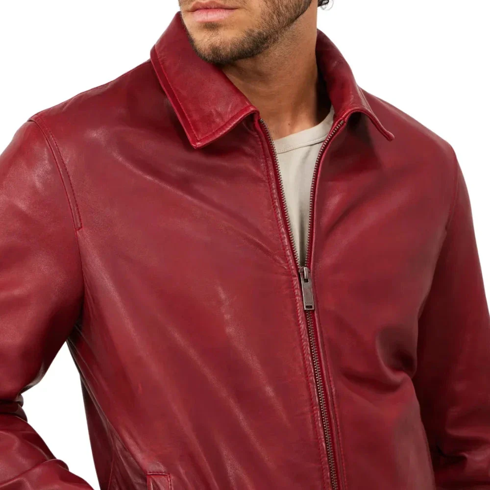 men's red shirt collar leather biker jacket