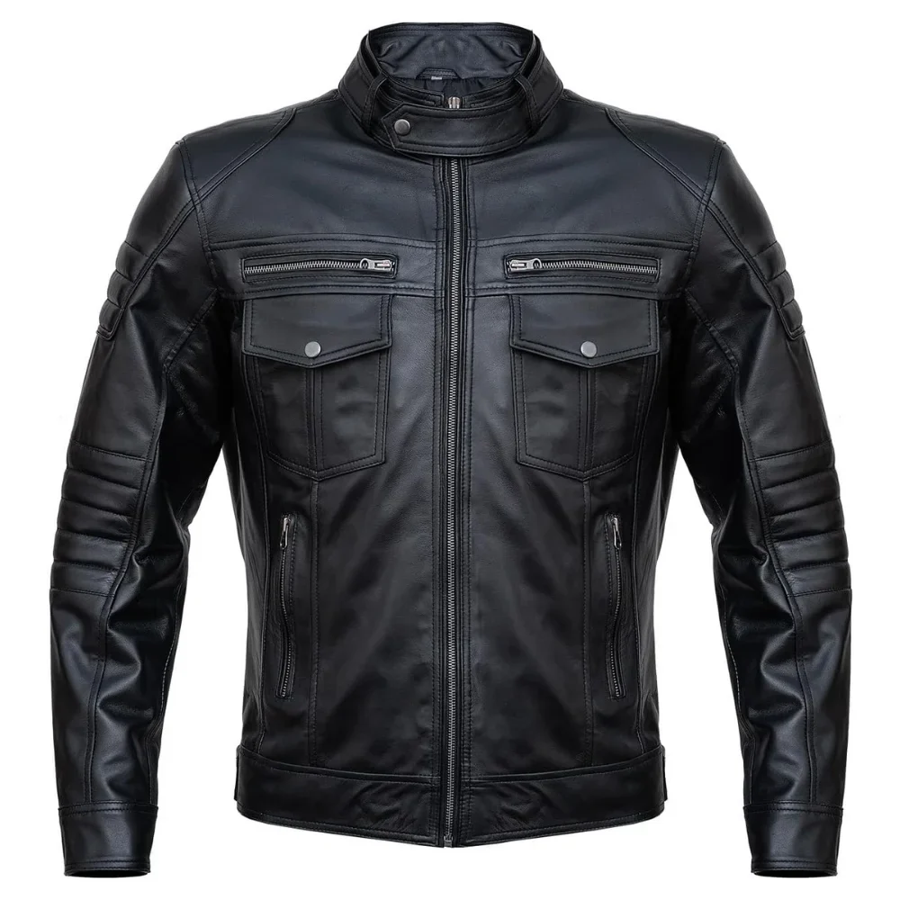mens slim fit double pockets real black leather biker jacket