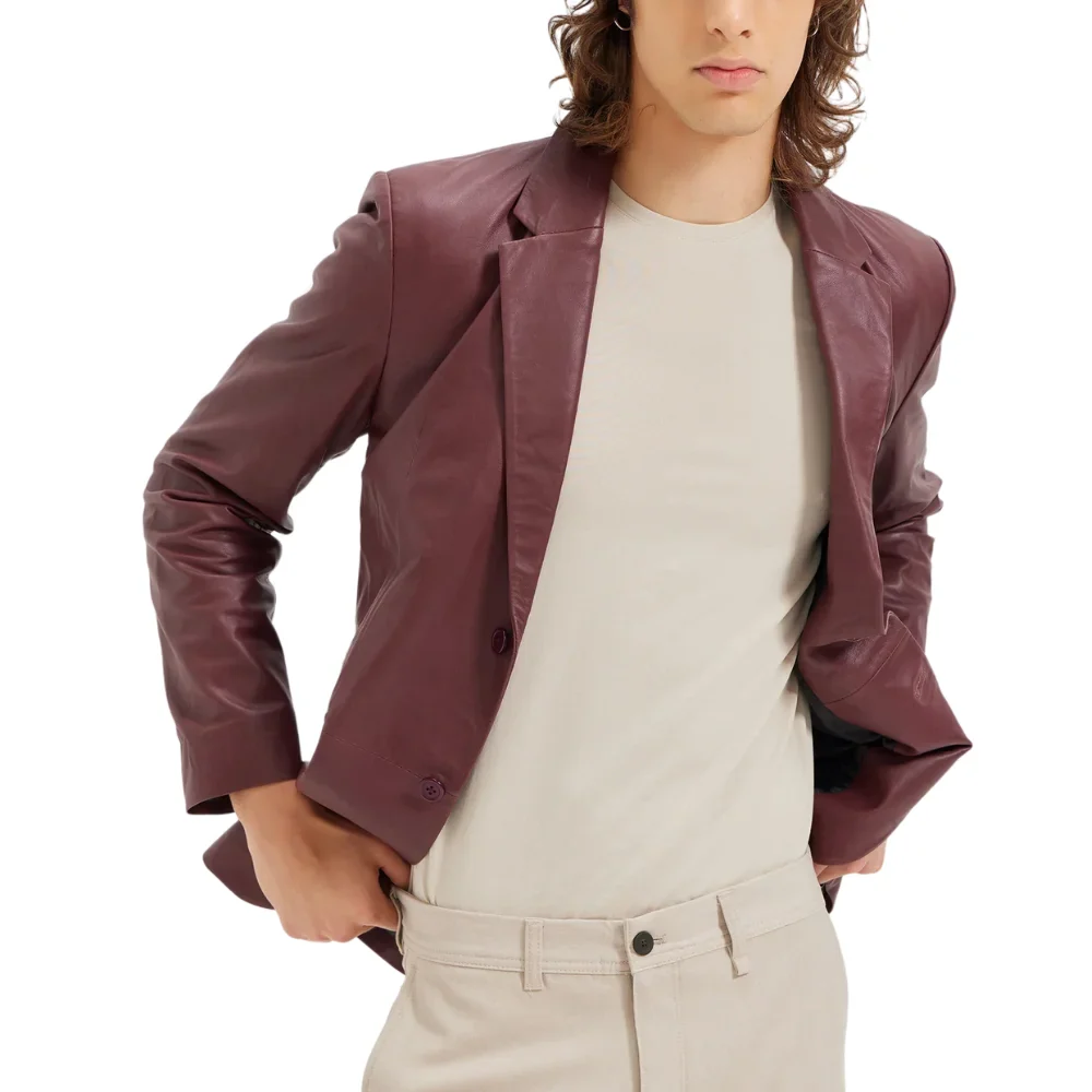 men's two button real wine red leather blazer jacket