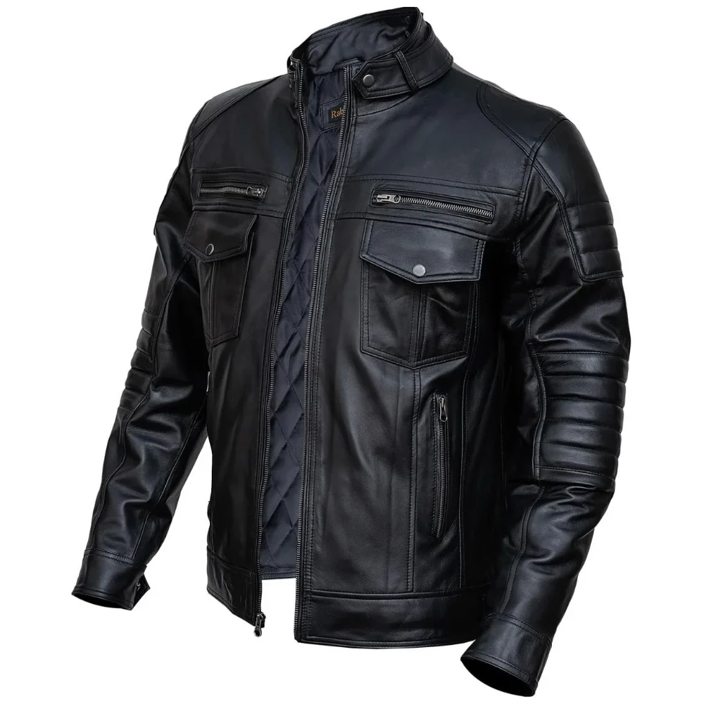 mens slim fit double pockets real black leather biker jacket