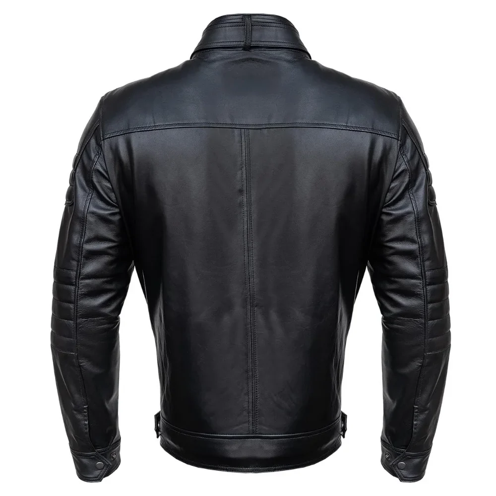 mens slim fit double pockets real black leather biker jacket