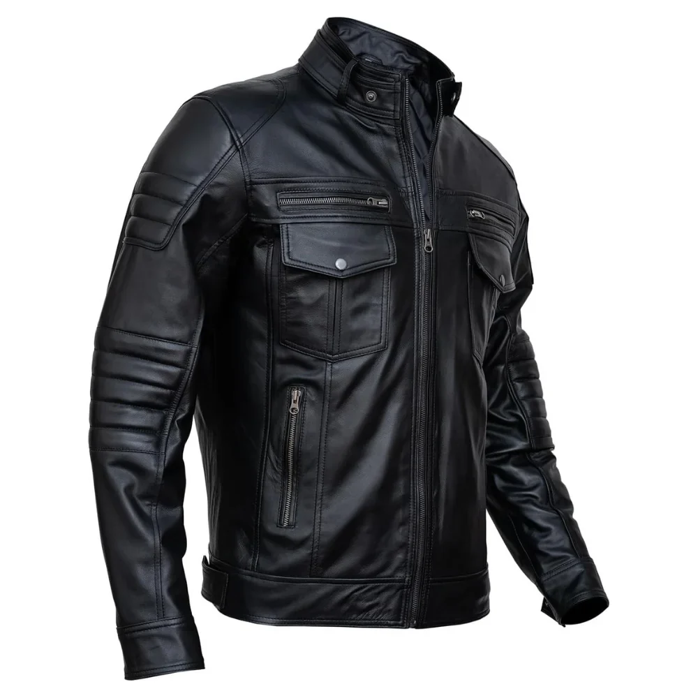 mens slim fit double pockets real black leather biker jacket
