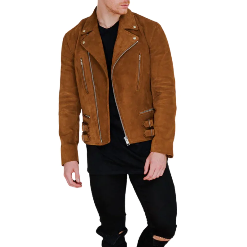 men's brown moto suede leather jacket