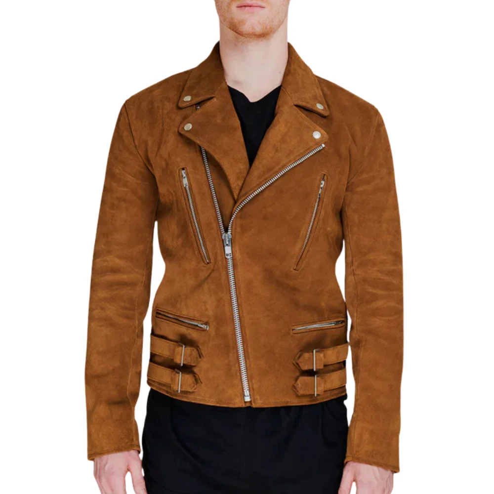 men's brown moto suede leather jacket
