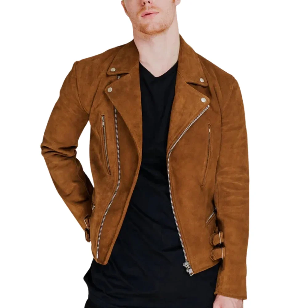 men's brown moto suede leather jacket