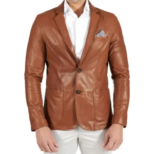 mens brown two button tan natural leather blazer jacket