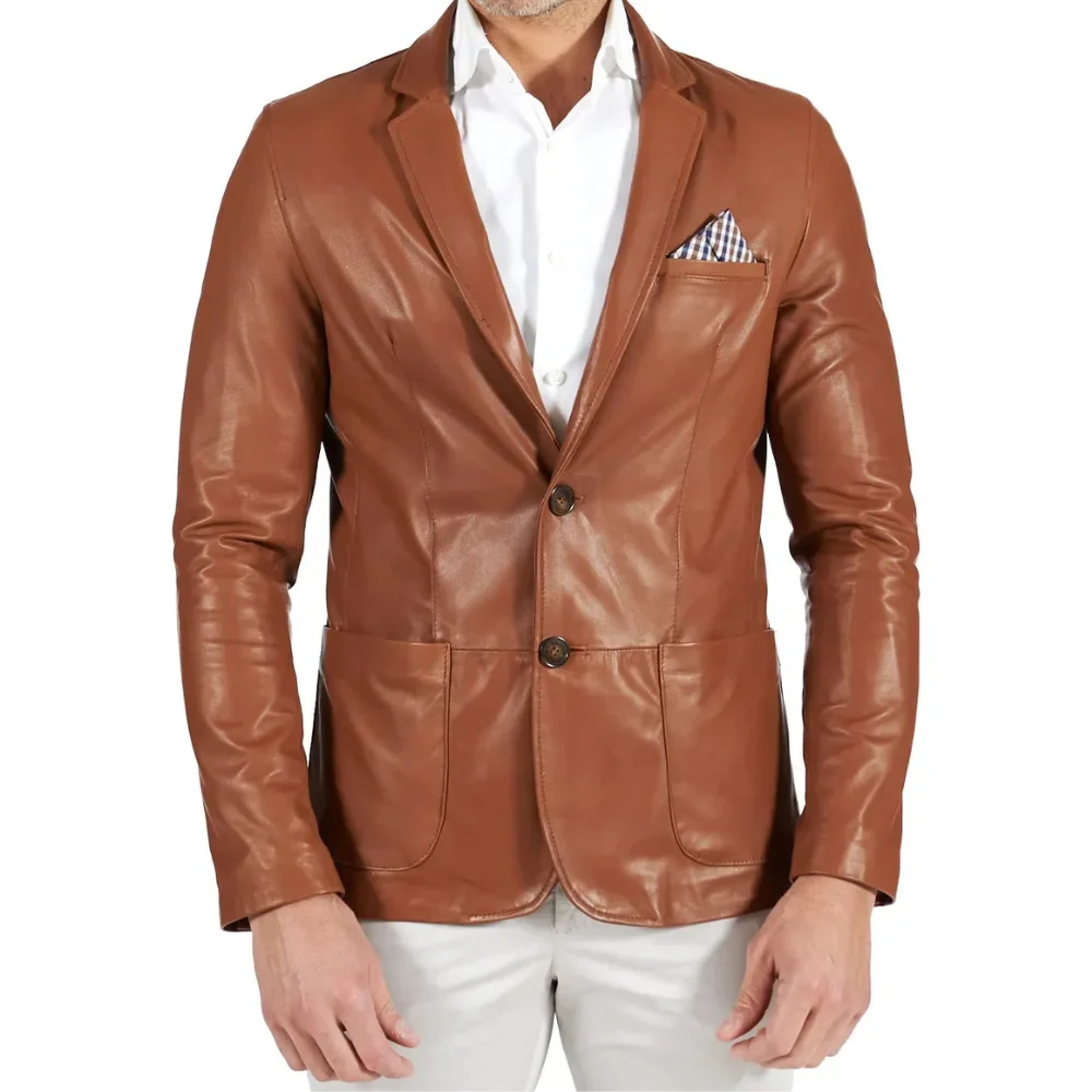 mens brown two button tan natural leather blazer jacket