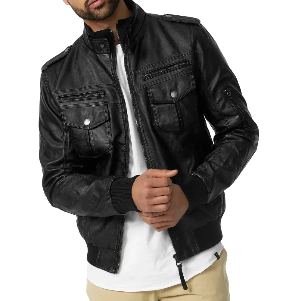 men's versatile black trucker leather bomber jacket