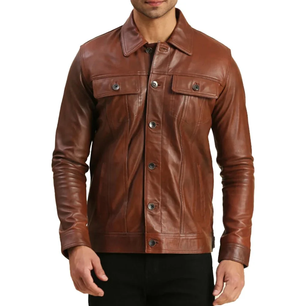 mens trucker real leather brown moto jacket