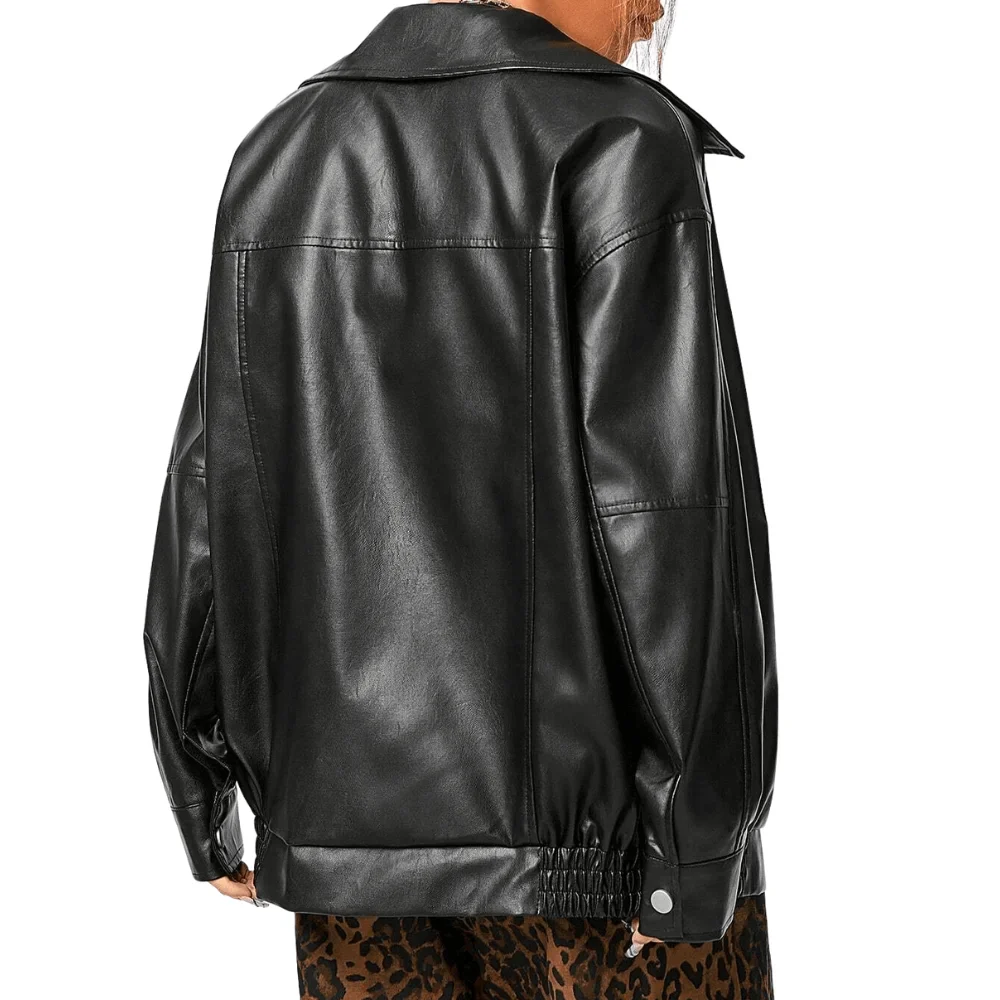women's oversized black leather motorcycle jacket