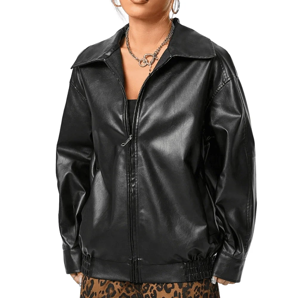 women's oversized black leather motorcycle jacket