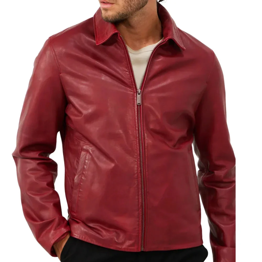 men's red shirt collar leather biker jacket