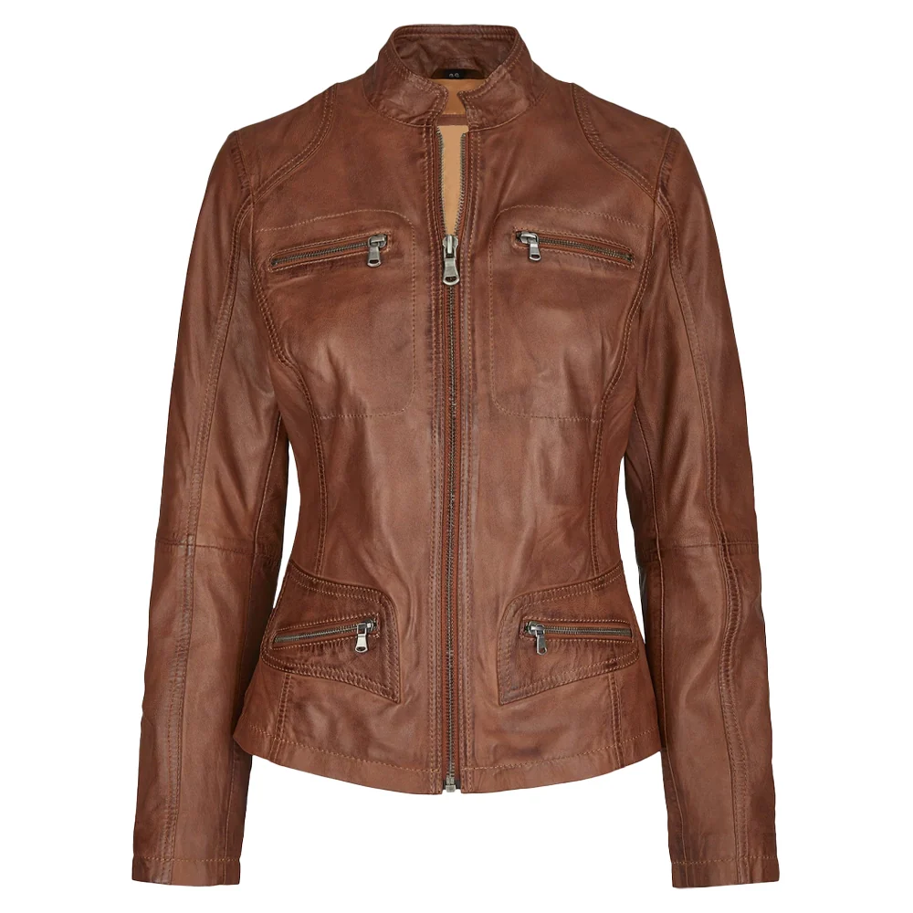 regular fit genuine lambskin brown womens leather jacket