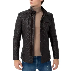 men’s black diamond quilted real leather car coat with brown detailing