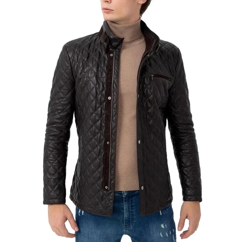 men’s black diamond quilted real leather car coat with brown detailing