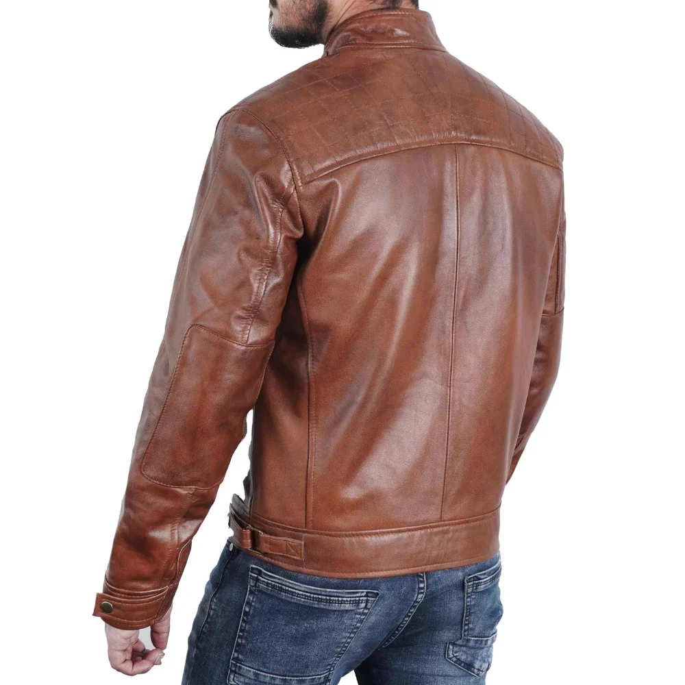 men's quilted shoulders café racer cognac leather jacket