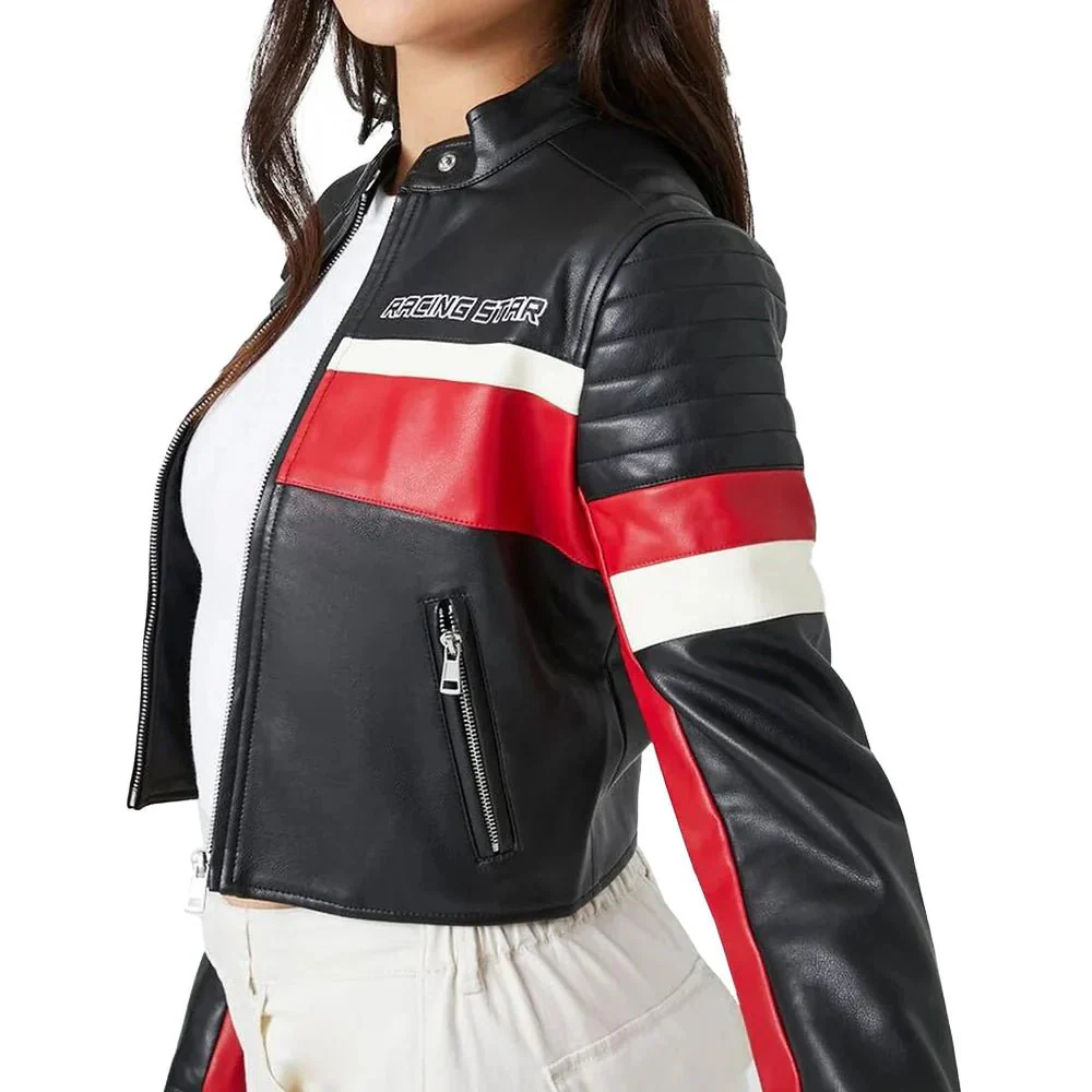 ladies cropped red black and white leather jacket