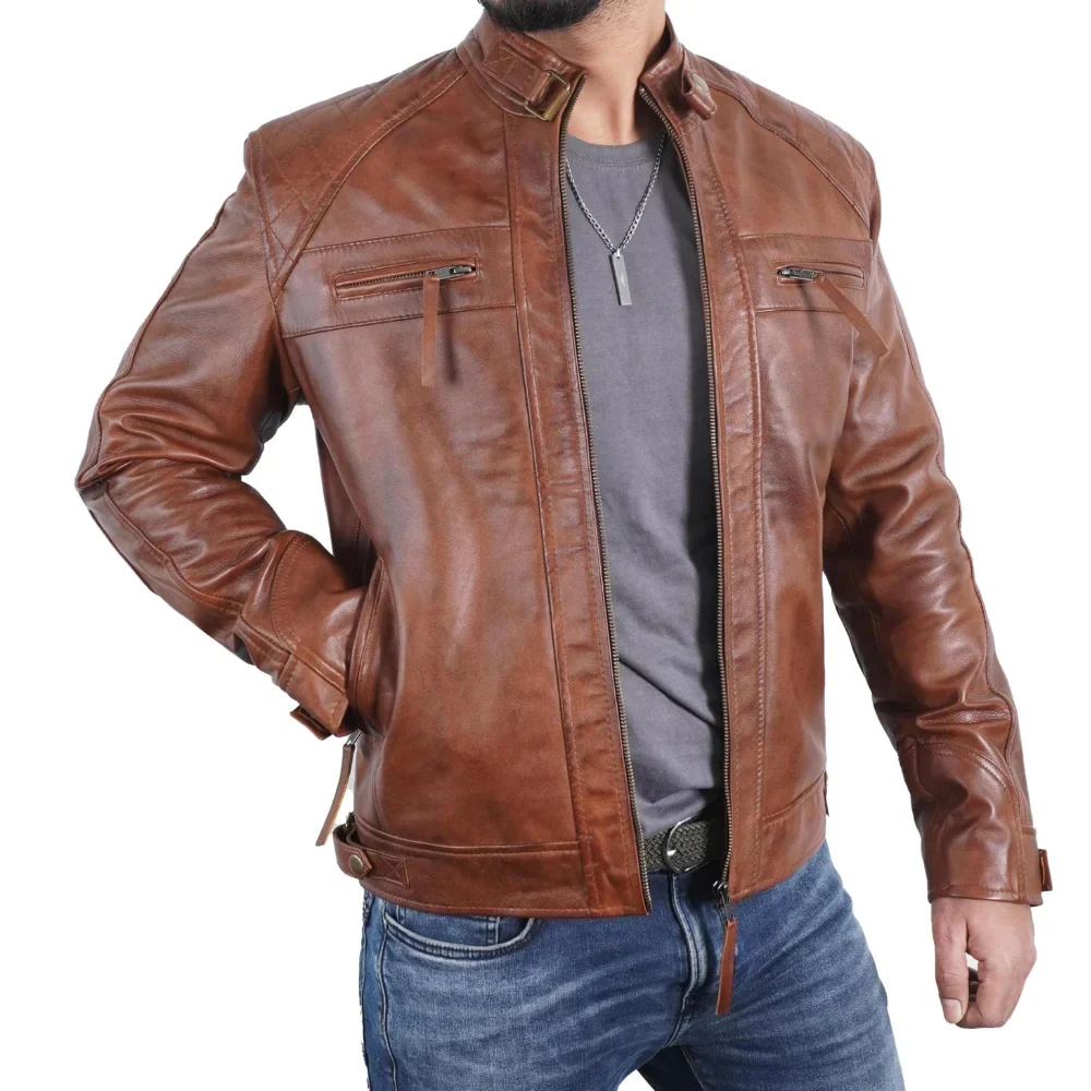 men's quilted shoulders café racer cognac leather jacket