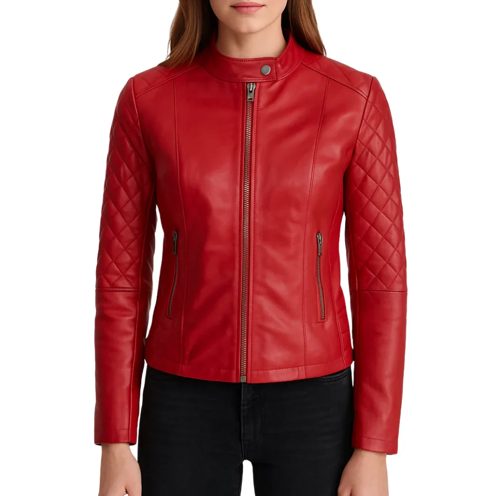 women's quilted real leather red cafe racer jacket