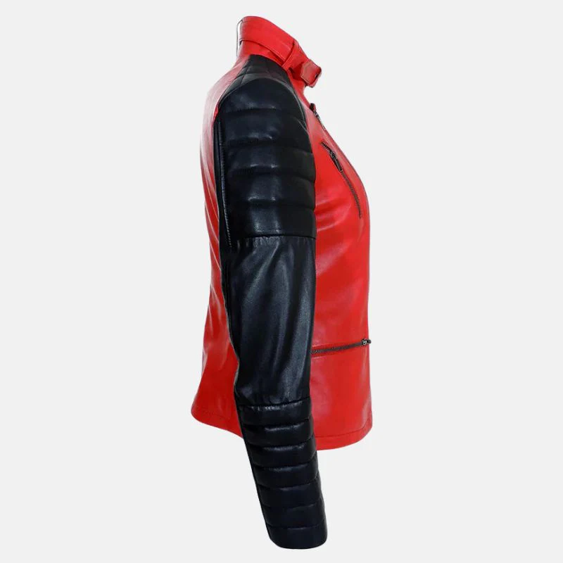 womens red and black leather biker jacket