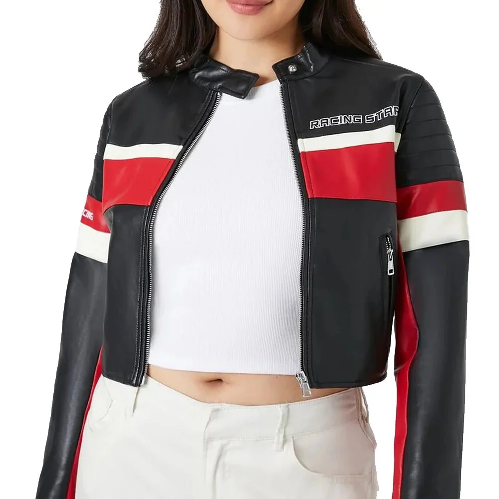 ladies cropped red black and white leather jacket