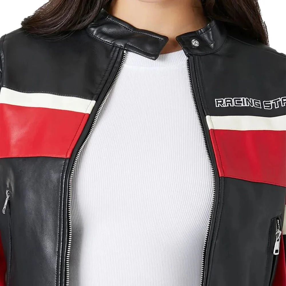 ladies cropped red black and white leather jacket